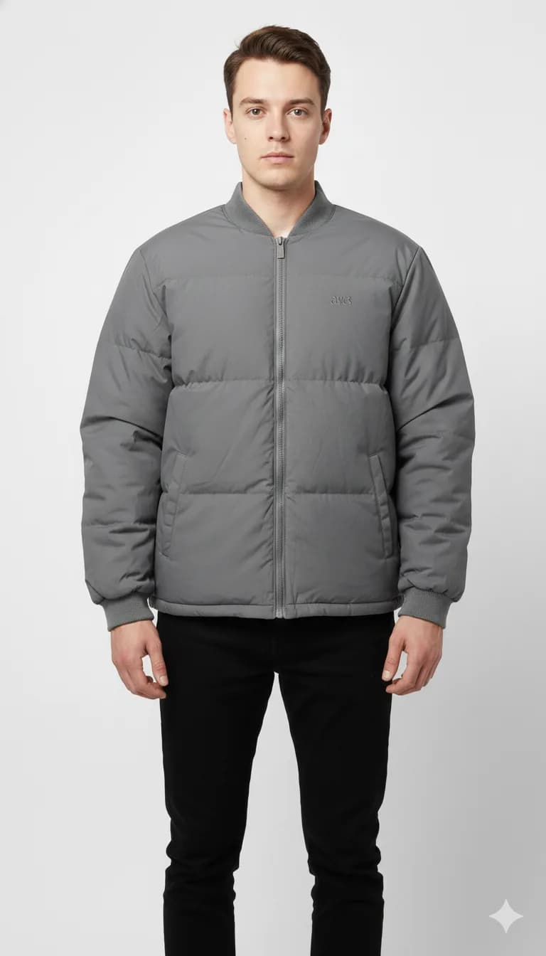 Asics Grey Puffer Jacket front view