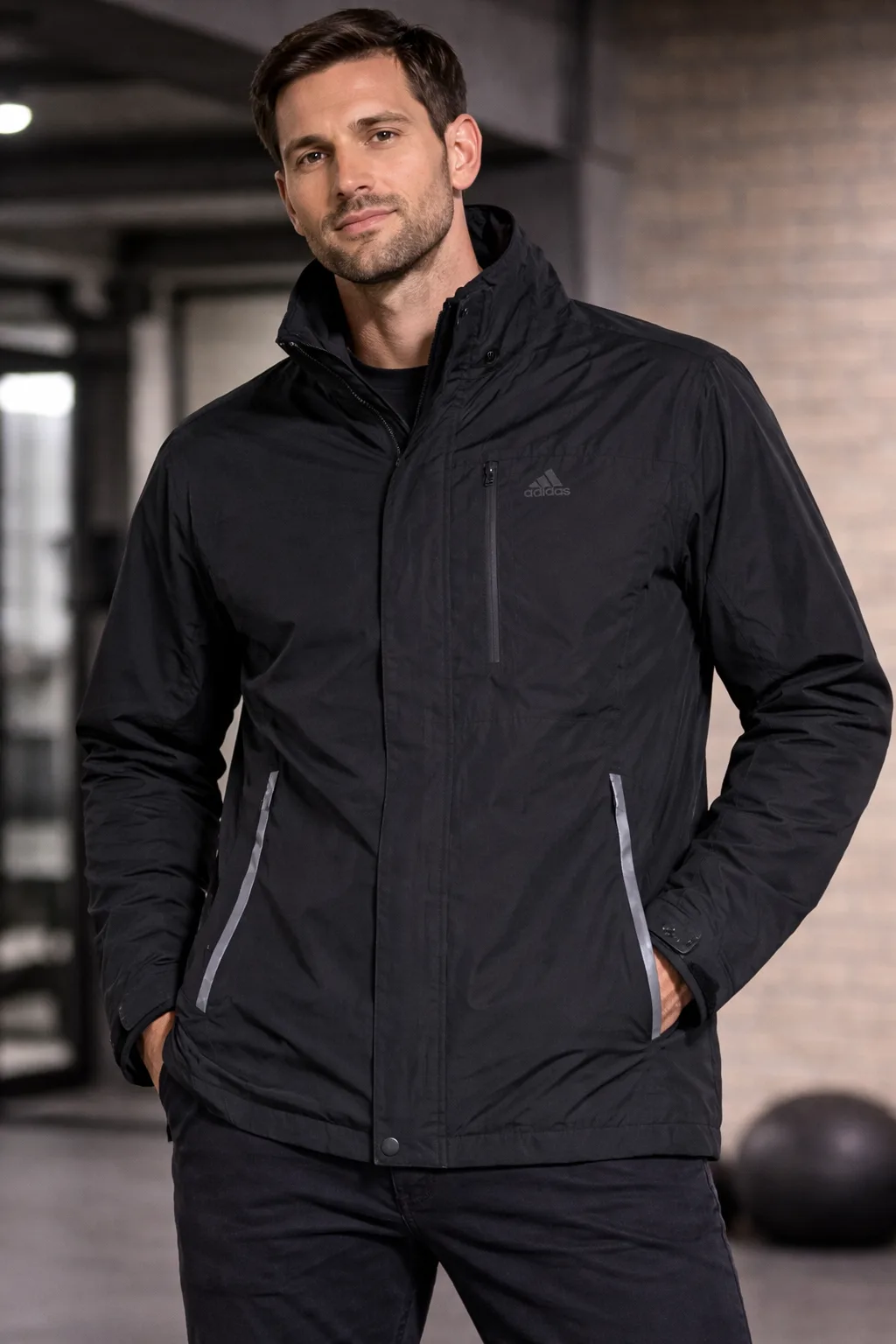 Adidas Black Windbreaker Jacket front view