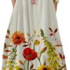Women's Spring Linen Boho Floral Fake 2 Piece Irregular Hem Maxi Dress Summer Crewneck 3/4 Sleeve Dresses with Pocket
