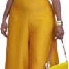 Ecirod Womens 2 Piece Church Outfits Turtleneck Bow Tie Cap Sleeve Tops High Waisted Flowy Wide Leg Palazzo Pants Set