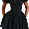 Women Off Shoulder Corset Mini Dress Square Neck Backless Bodycon Ruched Dress Backless A-line Ruffle Short Dress