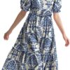 YESNO Summer Floral Midi Dresses for Women V Neck Puff Short Sleeve Frill Trim Dress with Pockets EVX