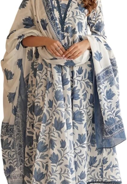 INDACORIFY Floral Printed Anarkali Cotton Kurta with Pant & With Dupatta Indian Suit