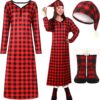 Christmas Nightgowns for women Long Sleeve Plaid Pajama Dress with Fuzzy Socks Night Cap Gift for Xmas Winter