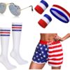 Mepase 5 Pcs 4th of July Costume Set Women American Flag Shorts Outfits Patriotic USA Independence Day Party Accessory Suit
