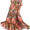 Women's Floral Print Maxi Long Dresses Deep V Neck Summer Beach Dress Half Sleeve A Line Flowy Dresses