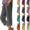 Linen Capri Pants for Women Drawstring Wide Leg Trousers Summer Comfy Casual Capris Beach Clothes with Back Pockets