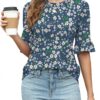 Rapbin Womens 3/4 Length Sleeve Tops Loose Fit Casual Crew Neck Shirts Ruffle Tunic Blouses