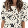 Elbow Sleeve Tops Women Trendy 2025 Summer Ruond Neck Button Blouse Casual Half Sleeve Tops Womens Basic Tee Shirts